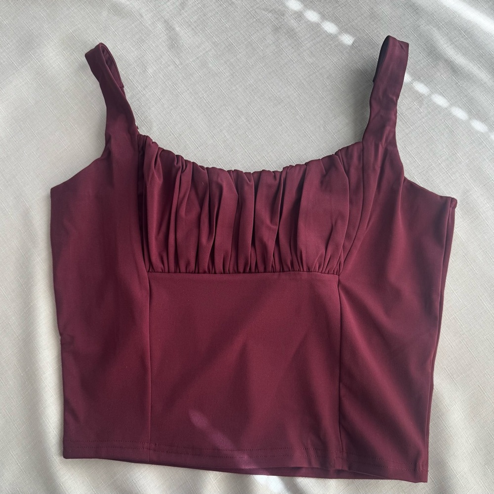 Burgundy Ruched Bust Crop Top Size L Adjustable Straps